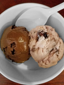 two scoops of White House Chocolates ice cream in a dish